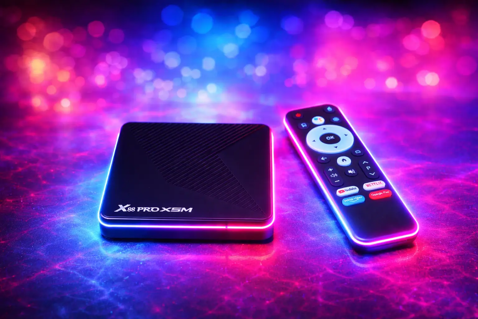 Moderne TV-Box neben einem Fernseher in einem hellen Wohnzimmer