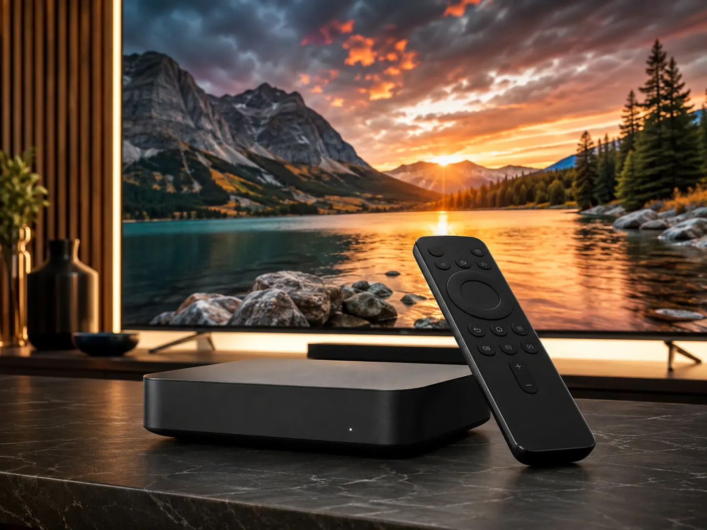 4K Streaming Box neben einem Fernseher
